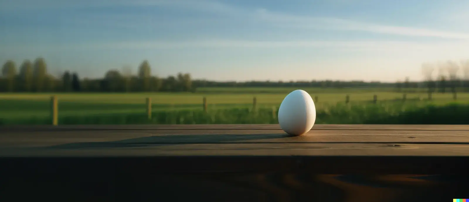 A white egg standing upright against a softly focused agricultural landscape