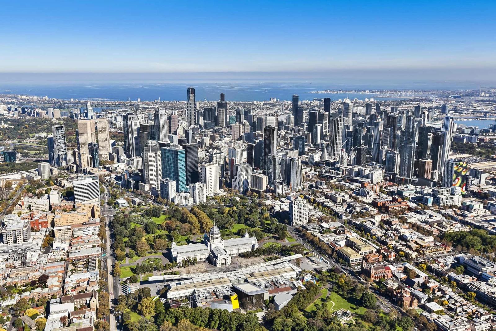 Aerial view of an Australian city beside the water