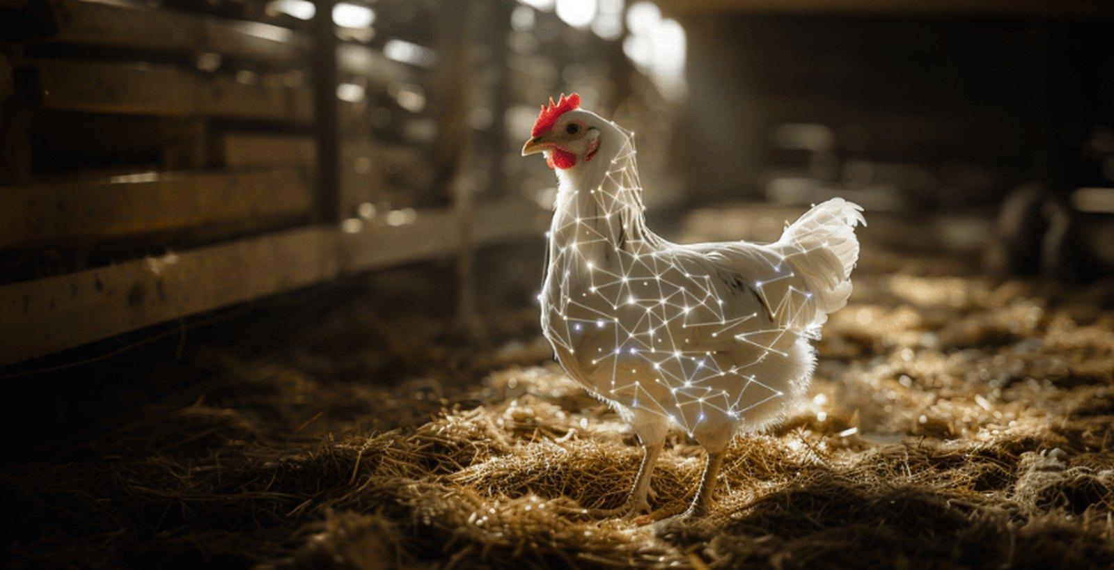 A hen traced with a glowing network of points and lines, standing in straw inside a barn