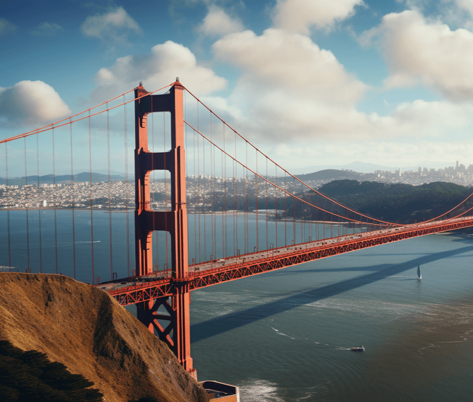 The Golden Gate Bridge rising above low clouds